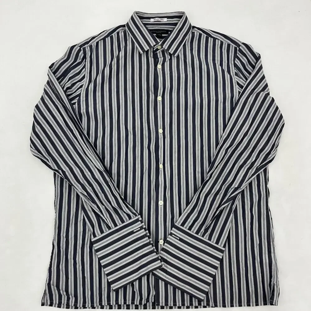 Banana Republic Mens XL(17-17.5) Slim Fit Dress Shirt Navy Gray Striped Cotton
